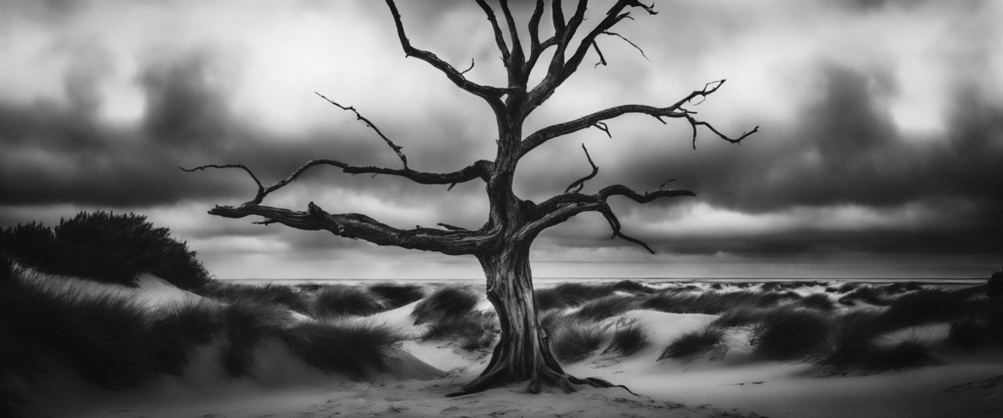 Bare tree within a monochrome coastal landscape