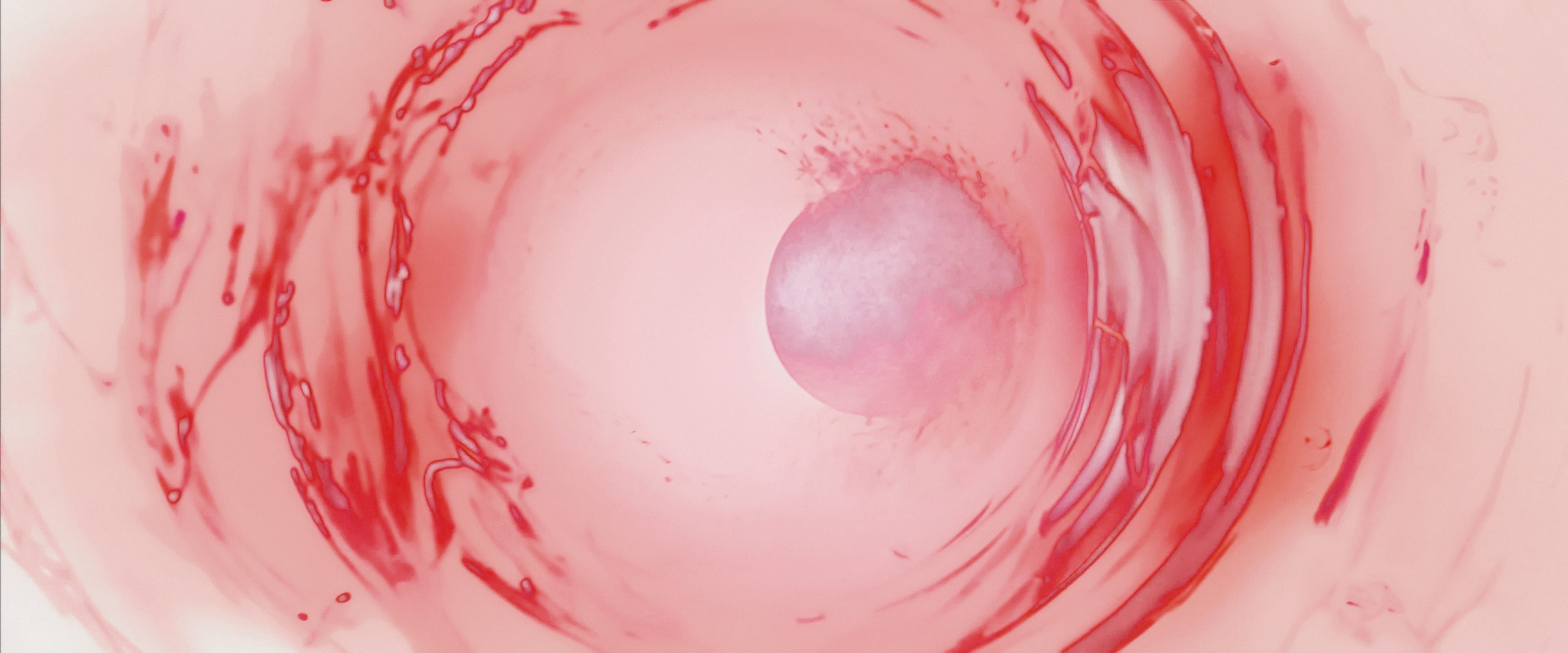 A pale spherical core suspended within flowing red concentric matter