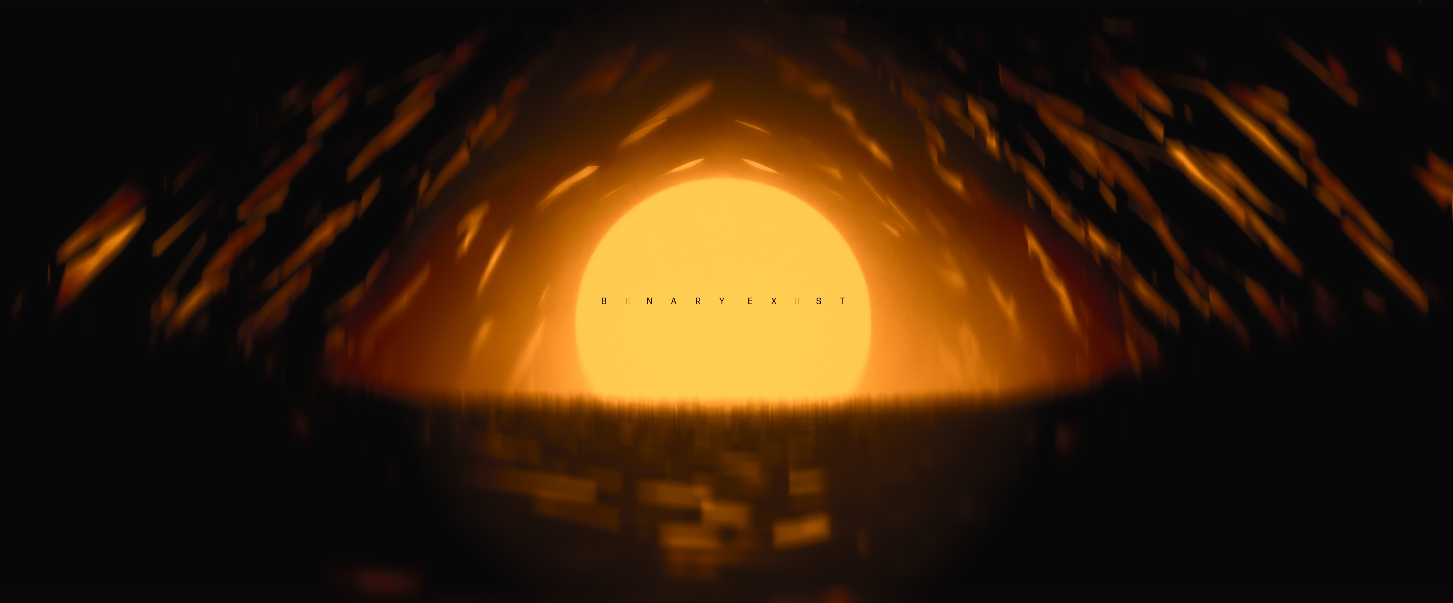 Binary Exist title held within a luminous circular threshold and dark fragmented structure