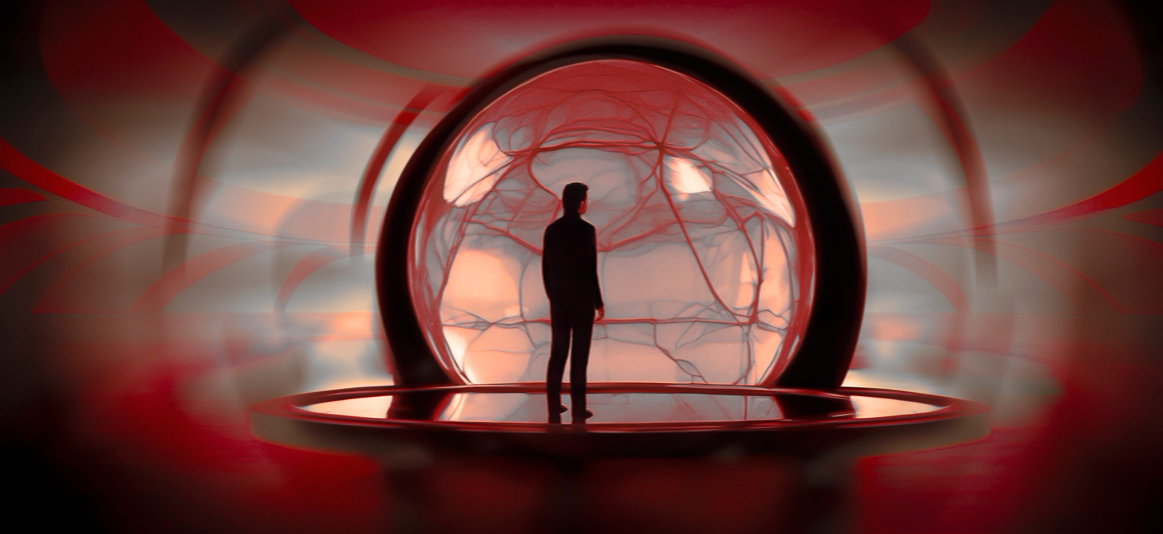 A solitary silhouette standing before a luminous red biological sphere inside a reflective chamber