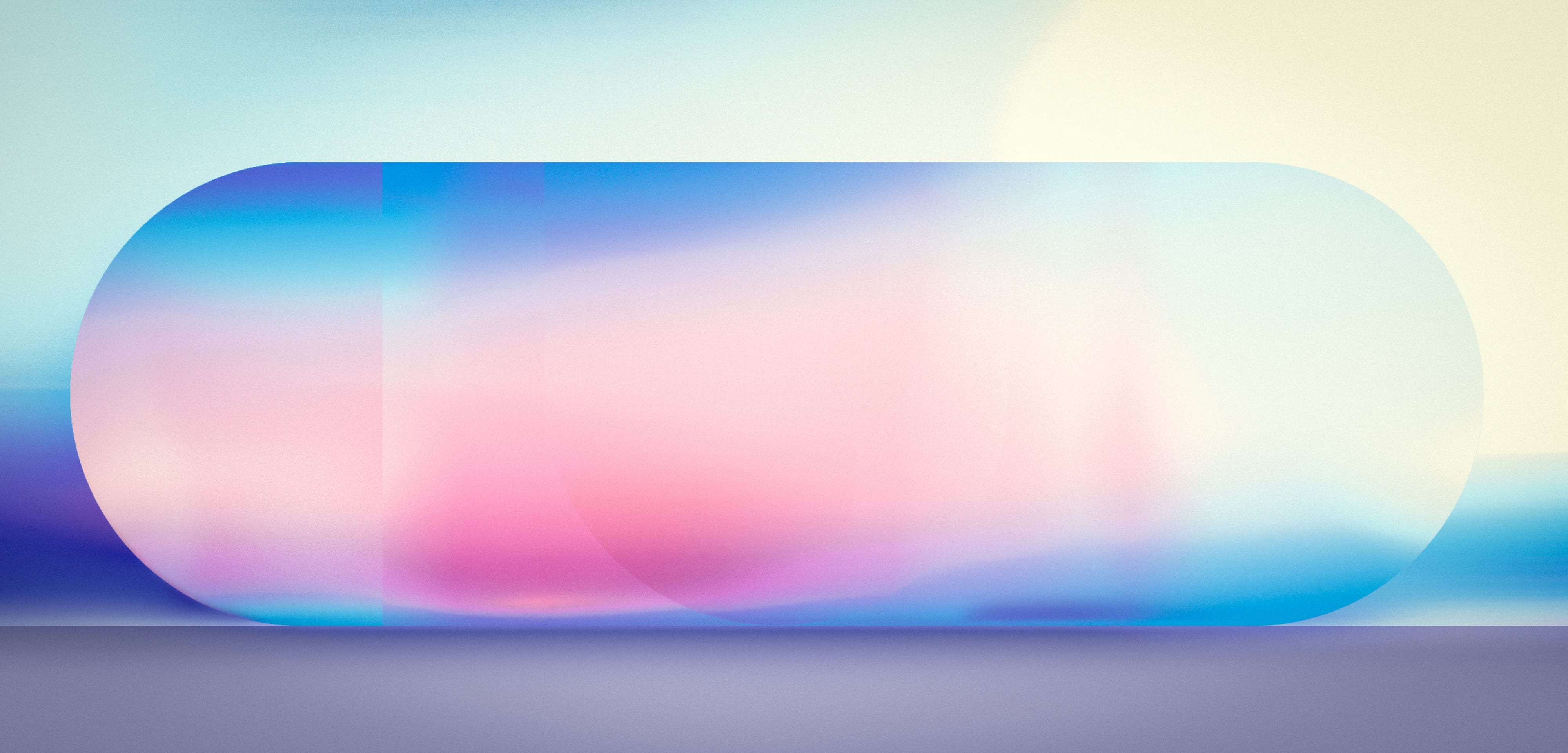 A pale luminous lozenge dissolving into soft cyan, pink and blue light