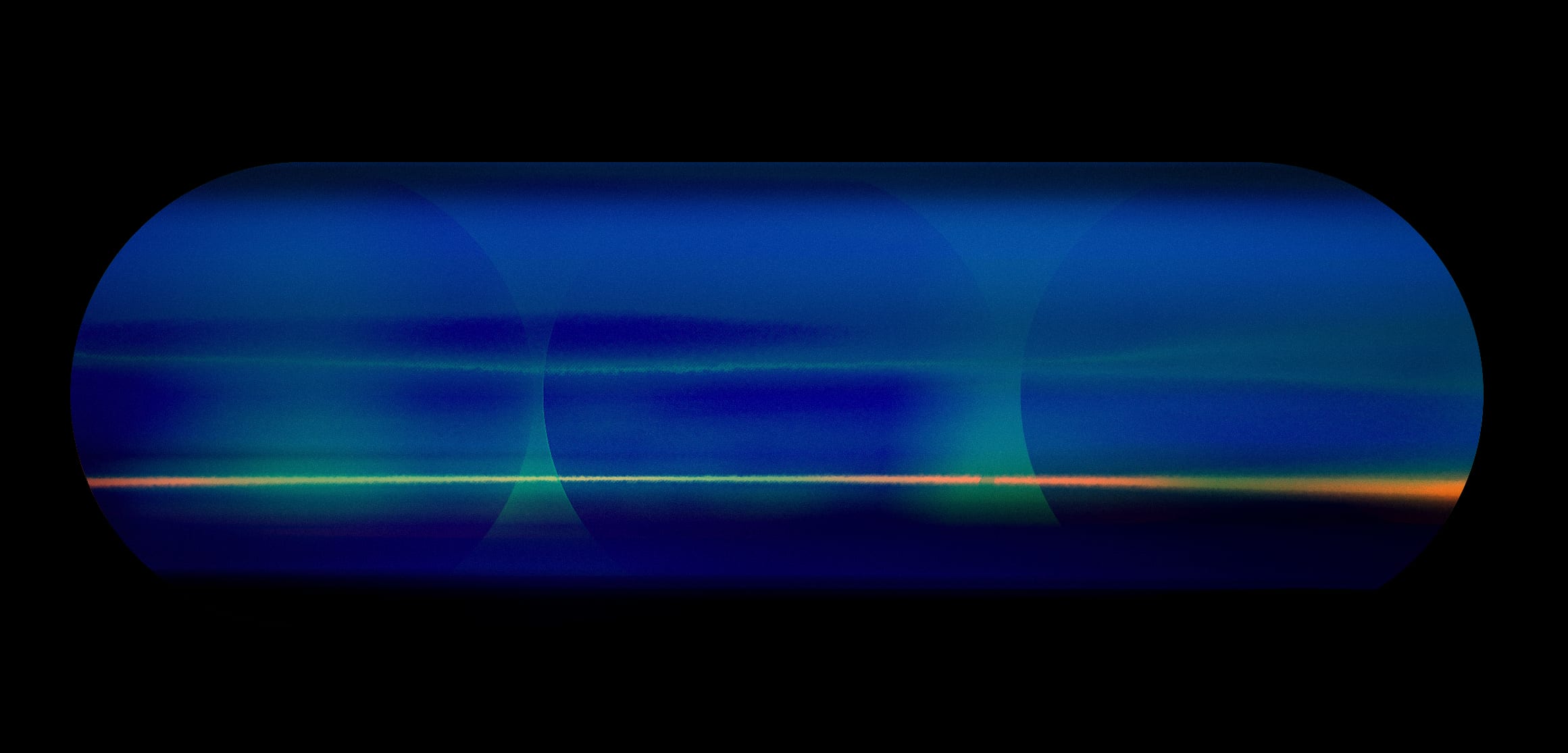 A deep blue translucent form crossed by restrained cyan and amber light