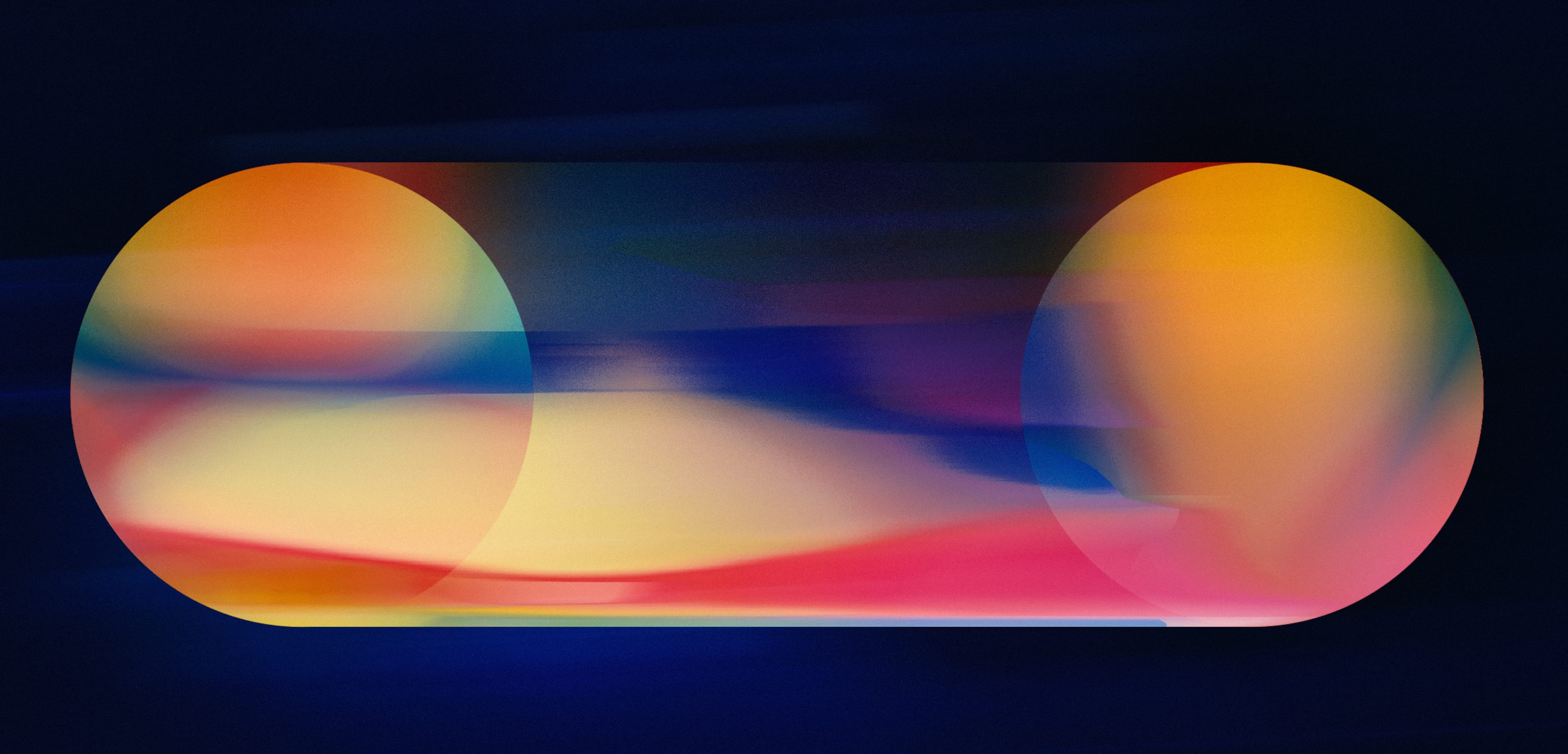 A dark lozenge containing luminous amber and red circular forms