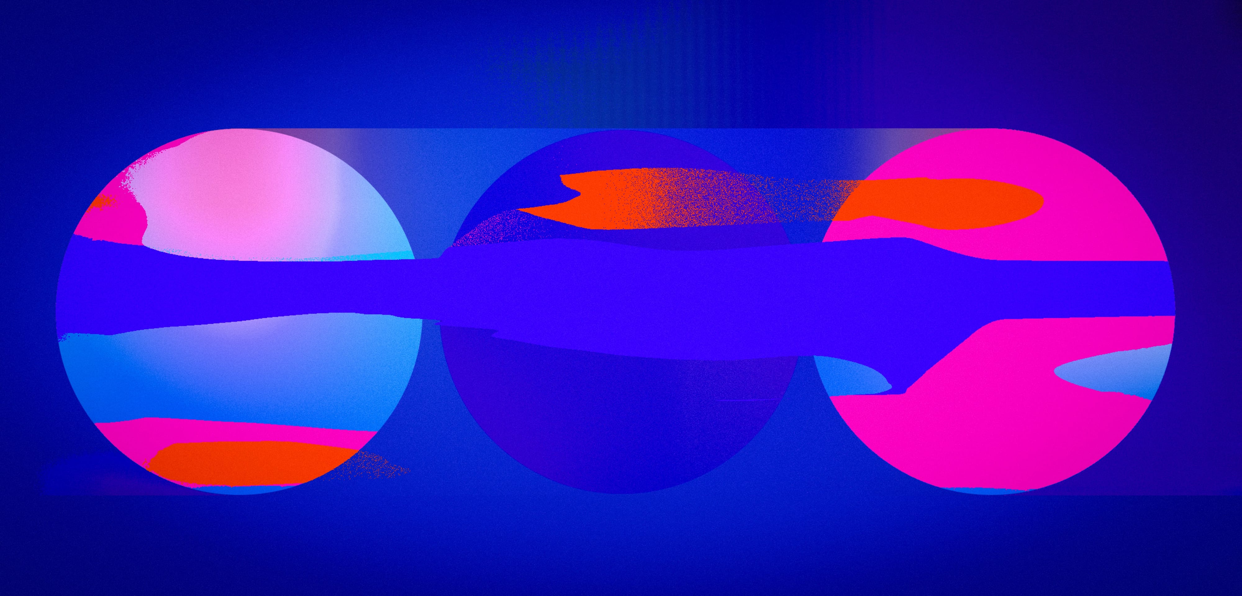 Bold intersecting bands and circles in saturated blue, magenta and orange
