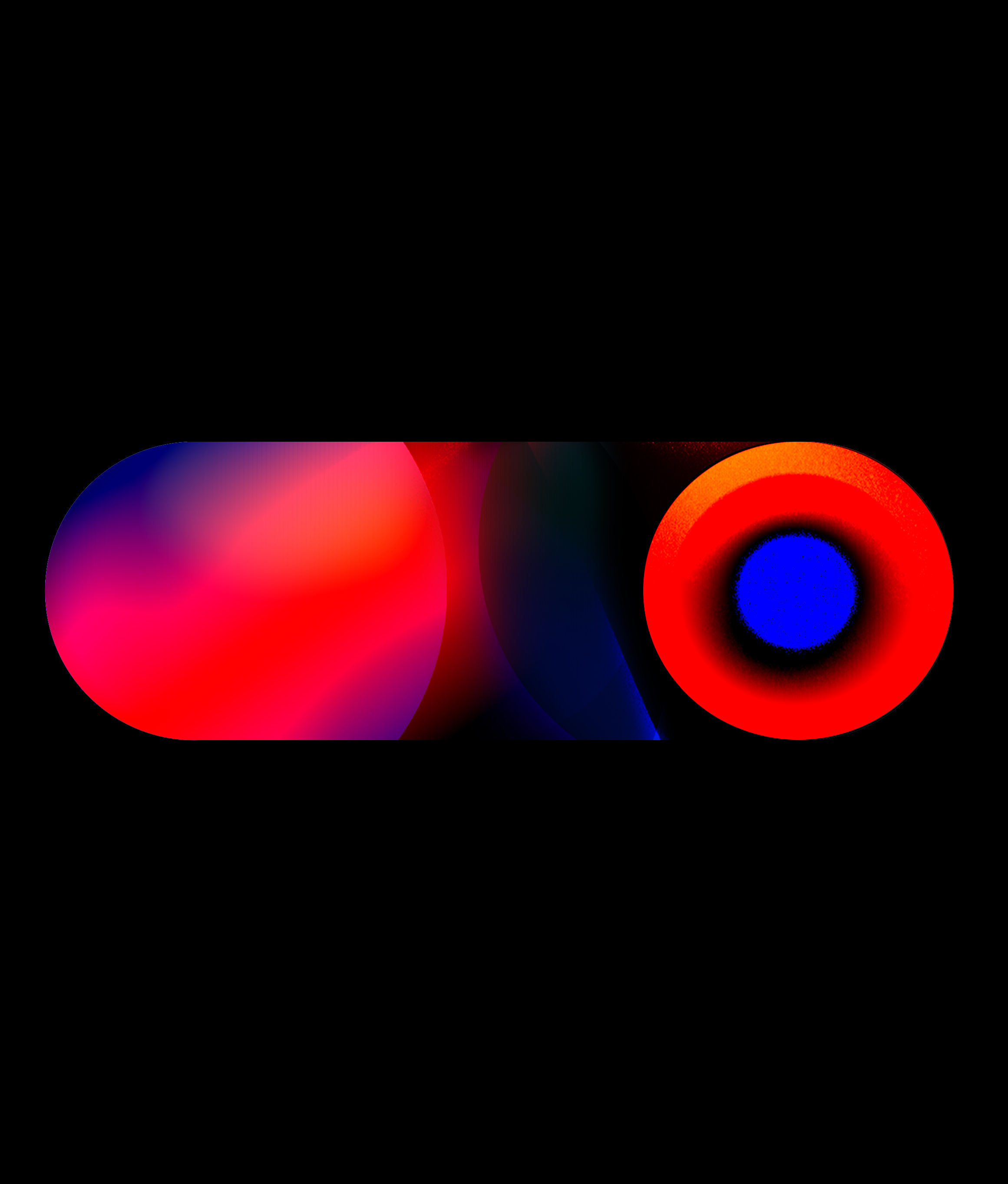 A dark-field lozenge with luminous red, blue and orange optical forms