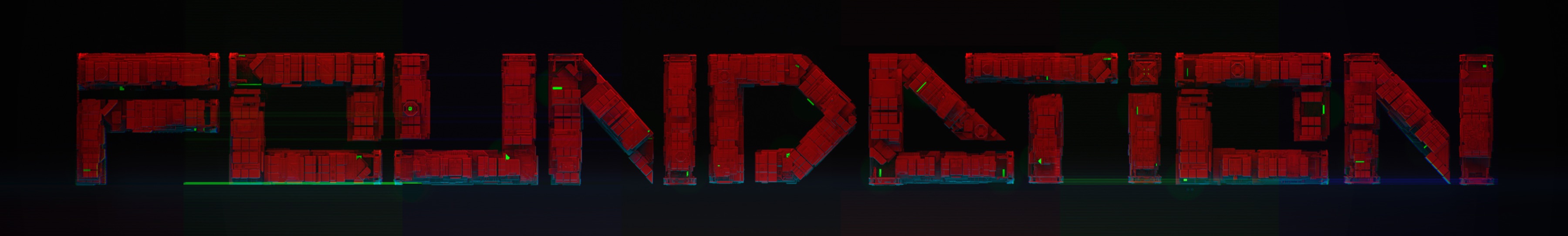 Red three-dimensional FOUNDATION construction extending across a panoramic field