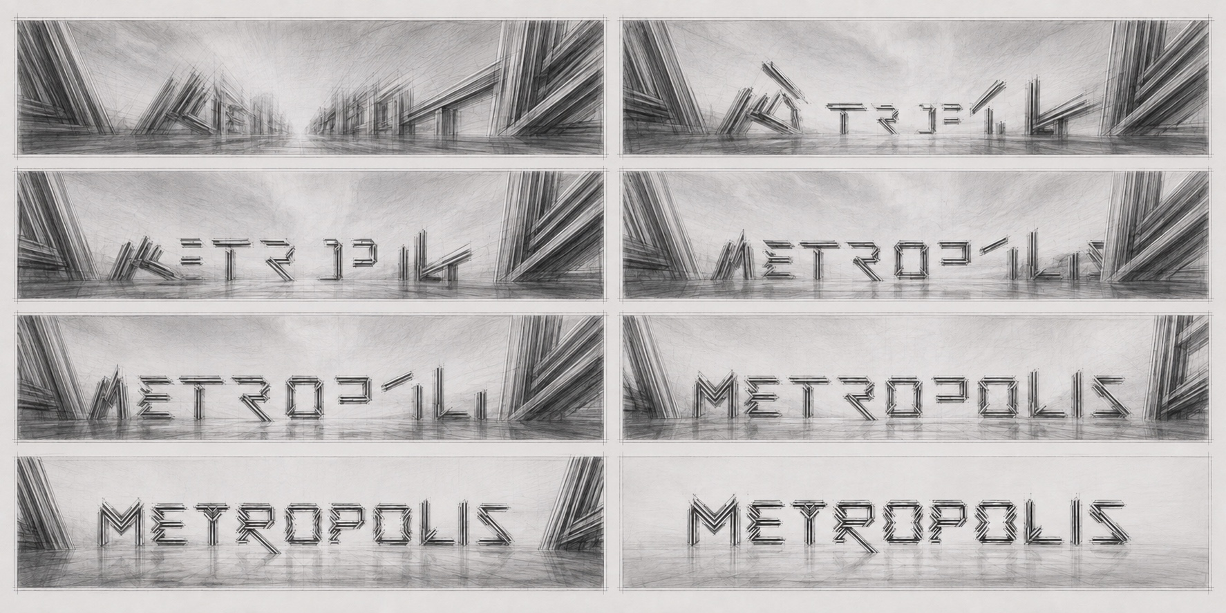 Storyboard showing the METROPOLIS title assembling across a horizon