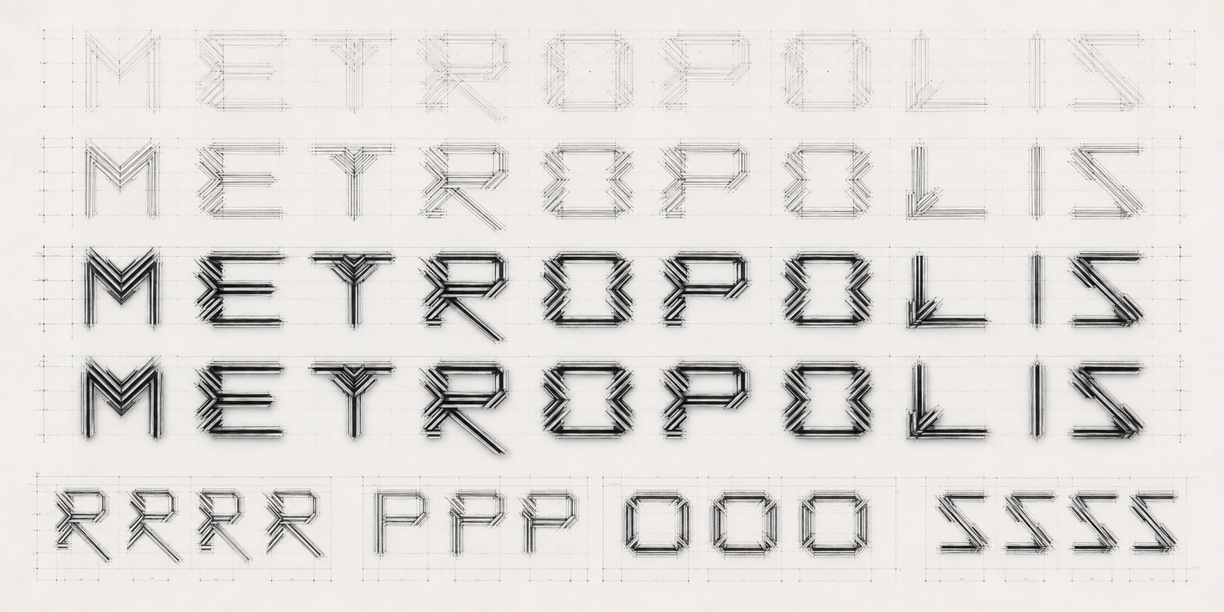 Four-stage METROPOLIS title construction study moving from light guides to resolved linear letters