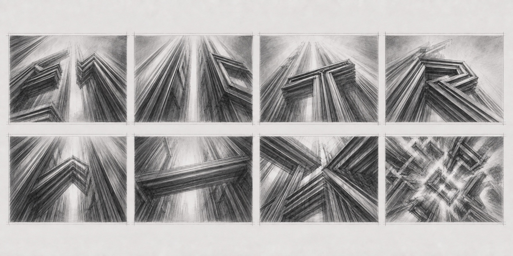 Vertical architectural perspective studies built from METROPOLIS glyph geometry