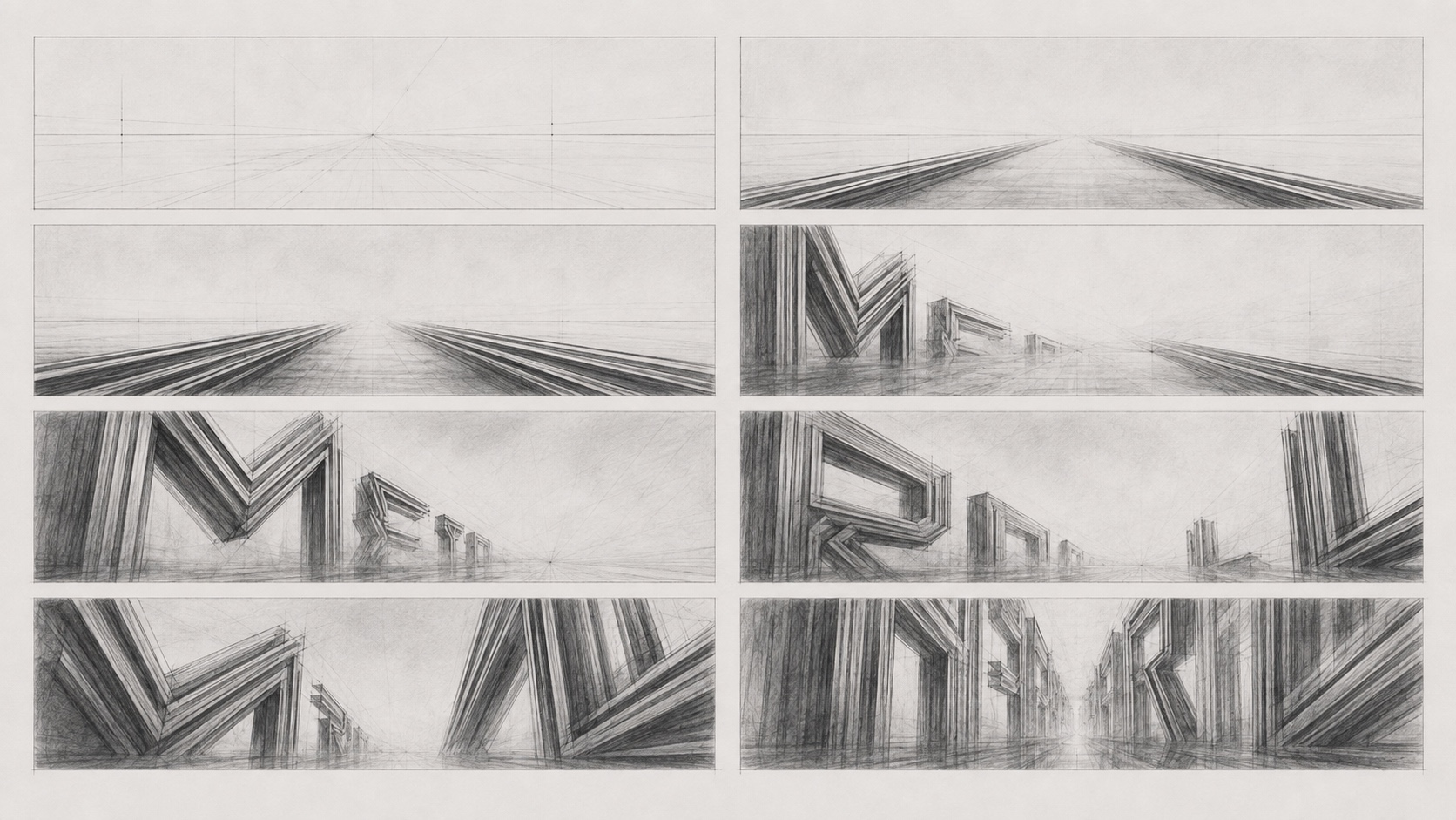 Storyboard exploring METROPOLIS letterforms assembling into an architectural environment