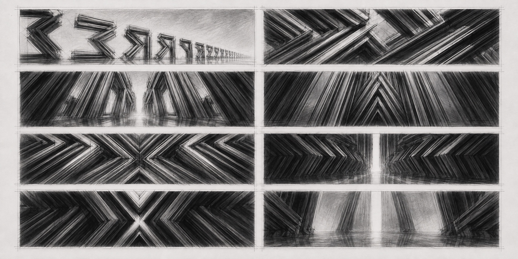 Sequence of monochrome urban spaces derived from the METROPOLIS letterforms