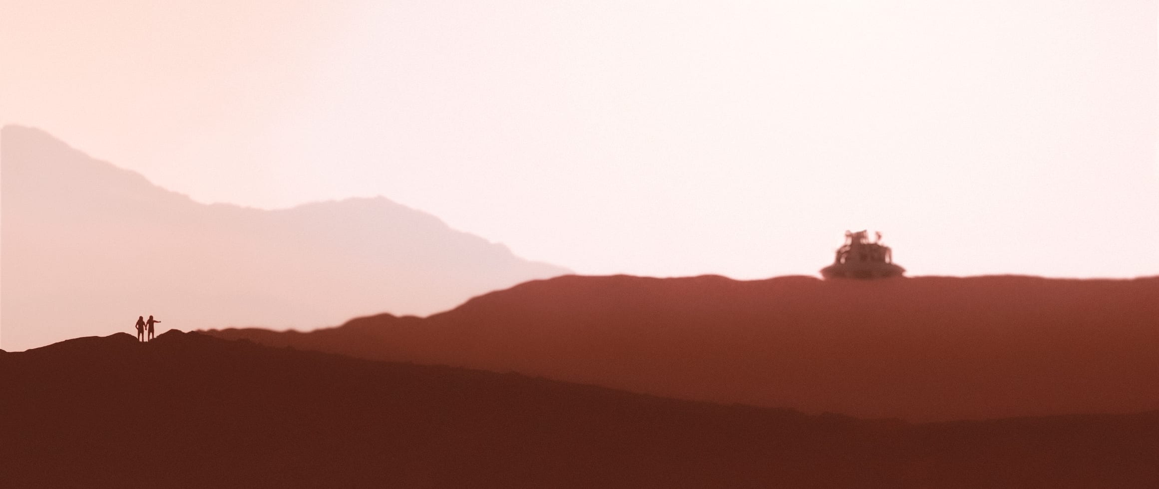 Two Mars pioneers witnessing an old exploratory spacecraft from the pre-colonisation era across the Martian terrain