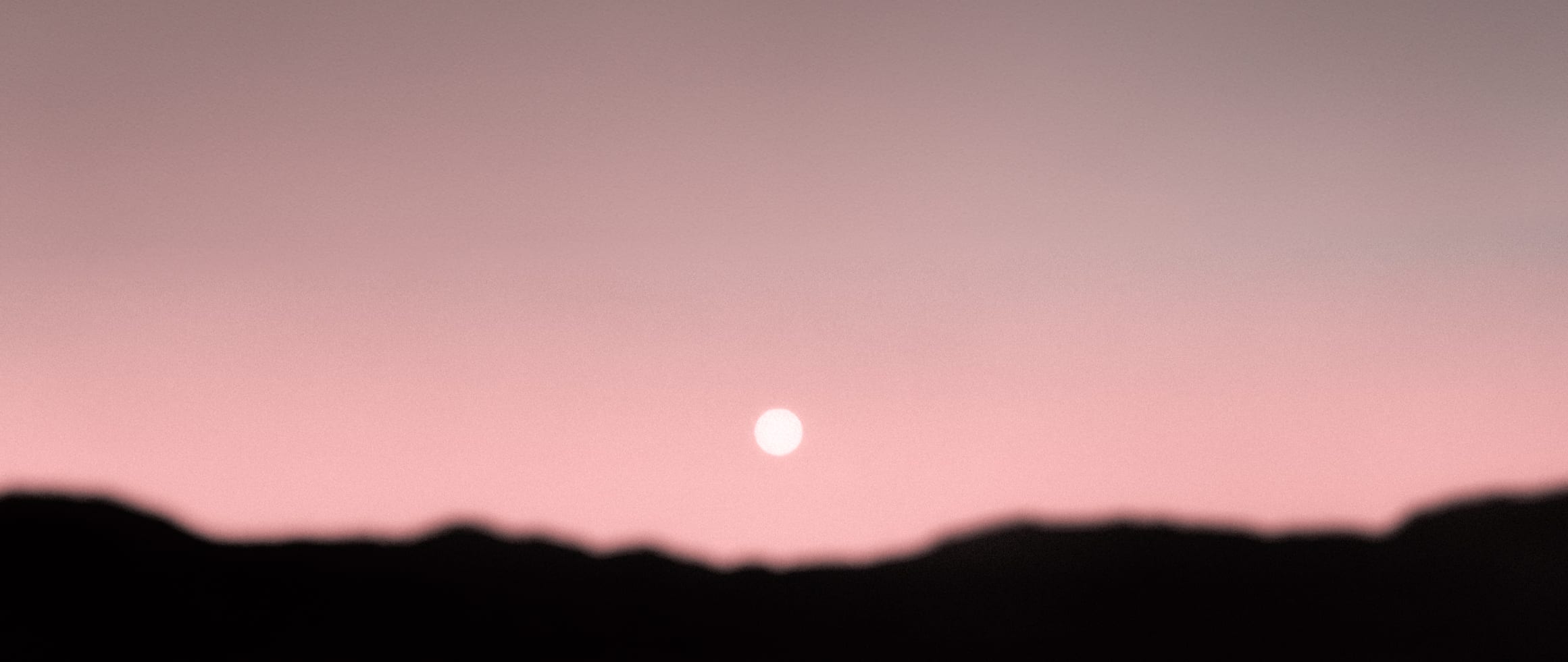 A small white sun above a soft black Martian horizon in pale pink light