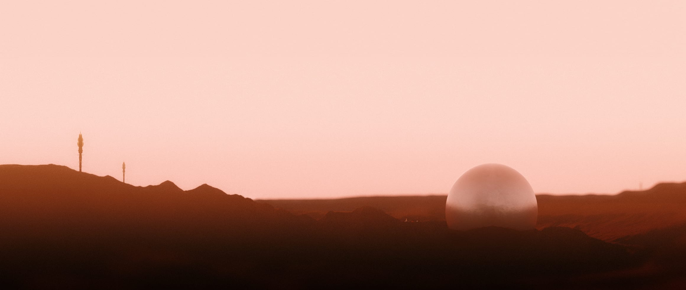 A translucent habitat dome and communication structures on the Martian horizon