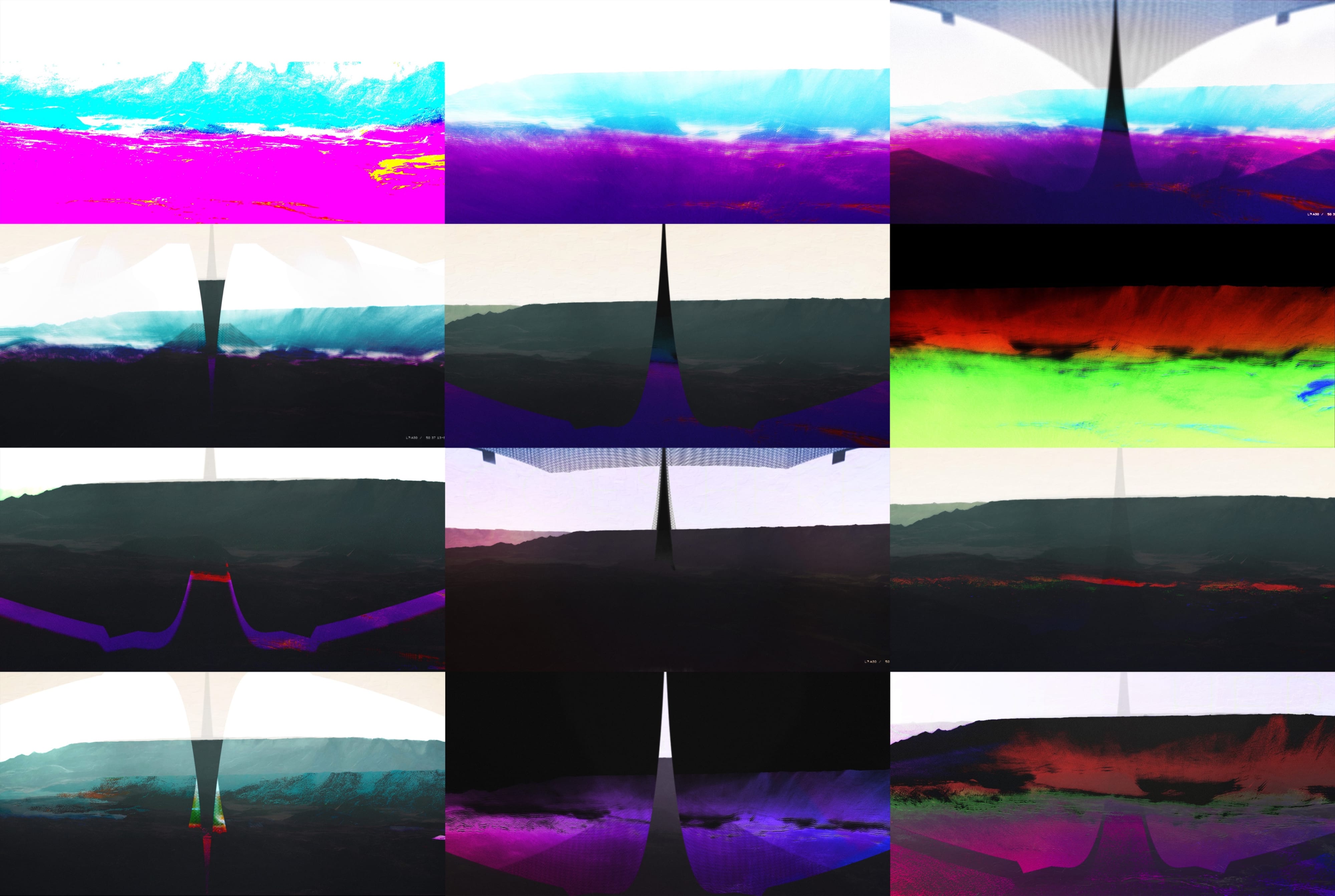 Nine helmet-interface development studies exploring panoramic terrain, colour and augmented overlays