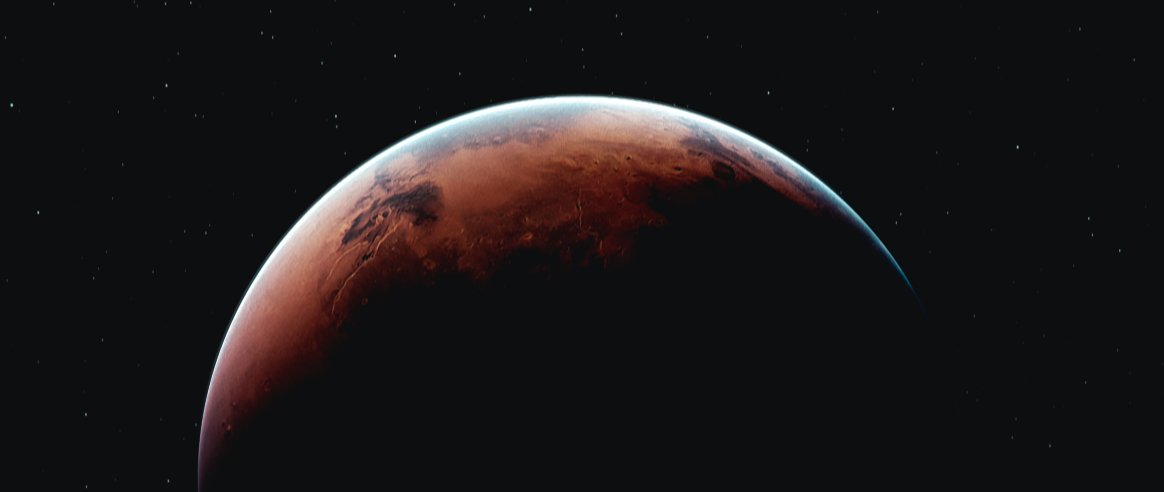 Mars held in darkness with a thin blue atmospheric rim and stars beyond