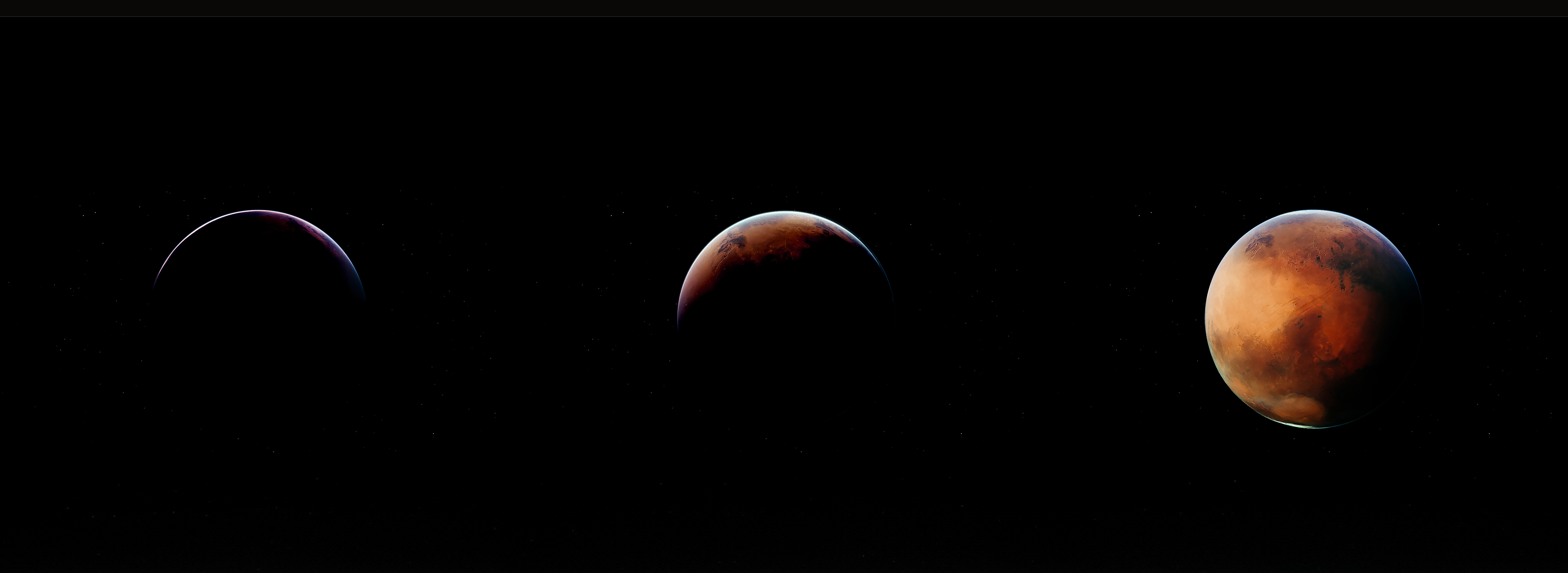 Three stages of Mars emerging progressively from darkness