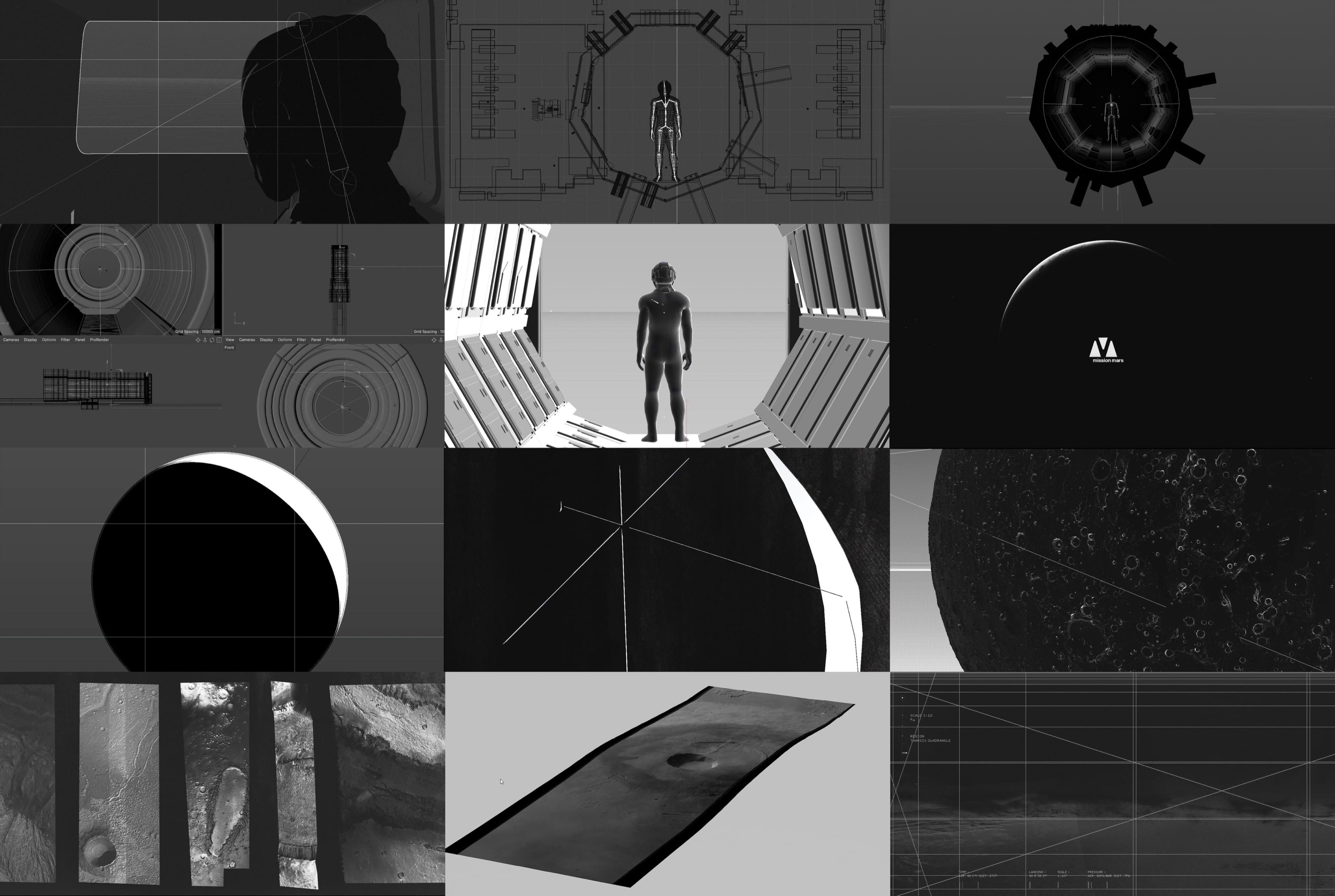 Monochrome development board combining interface, astronaut, aperture, planetary-surface and mission-identity studies