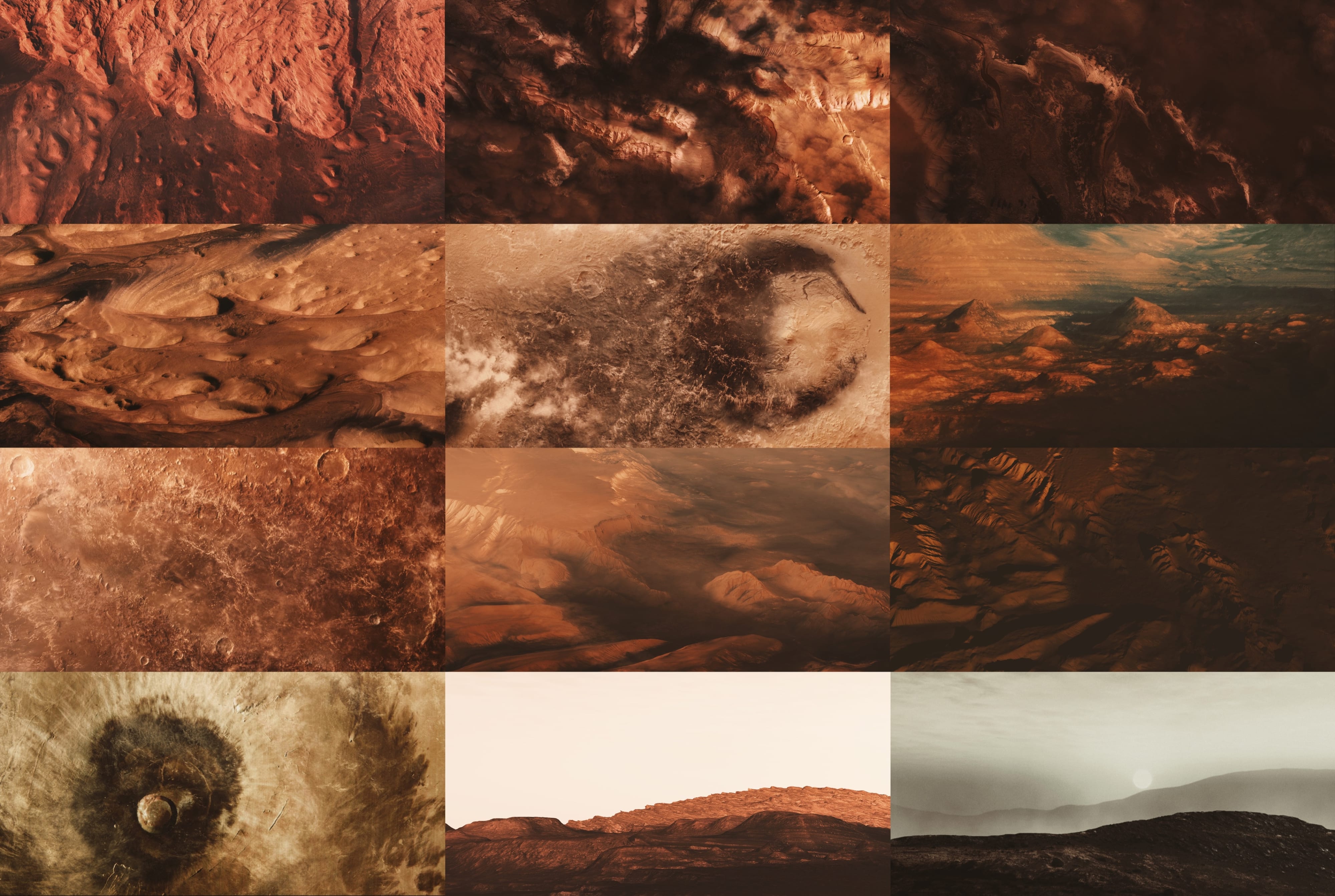Contact sheet of twelve ochre Martian terrain and horizon studies