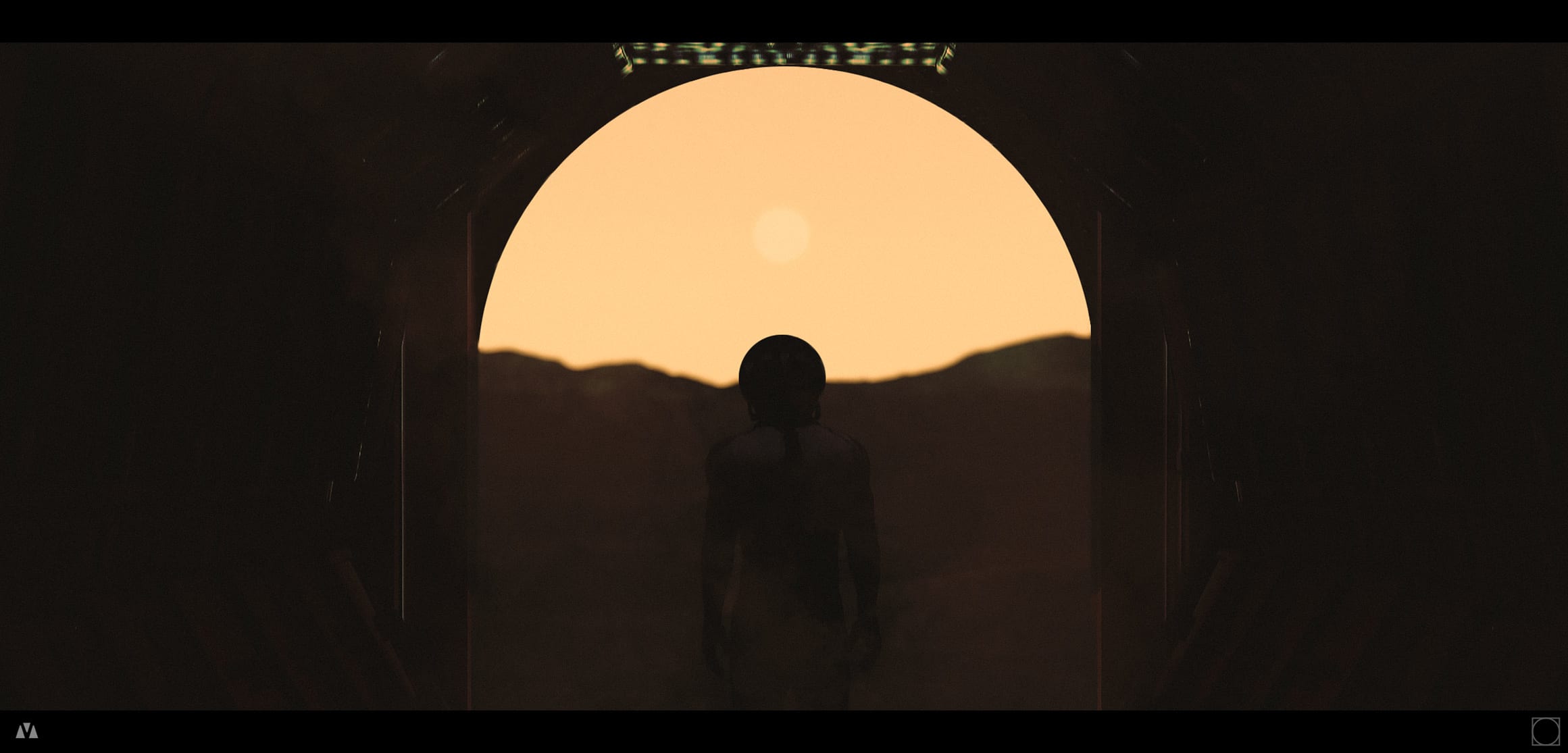 A solitary figure framed by a circular threshold and a pale Martian sun