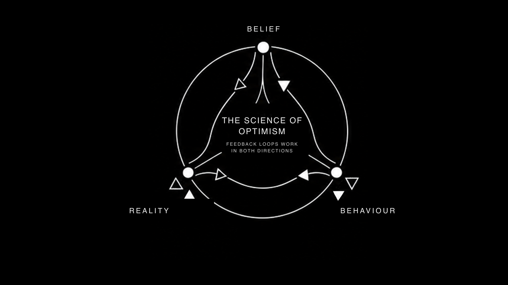 Selected Science of Optimism feedback loop with belief, reality and behaviour as three active positions