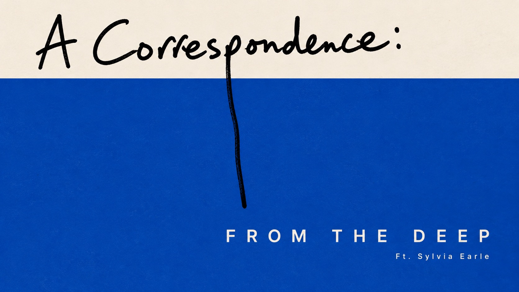 A handwritten correspondence line crosses from a cream field into a restrained blue editorial title composition