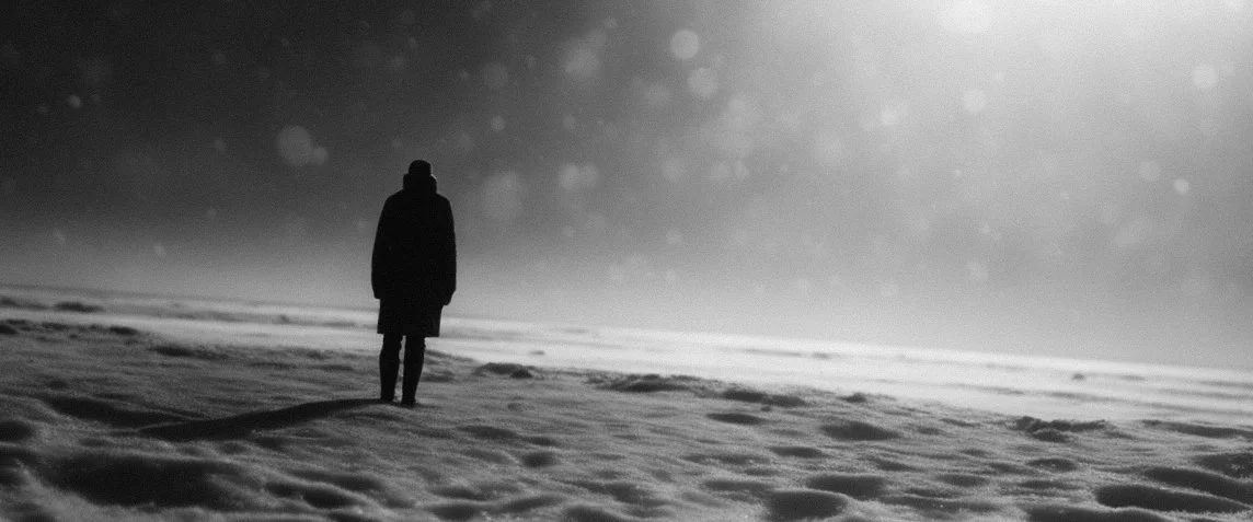 A solitary figure standing within a grainy snow field and distant light