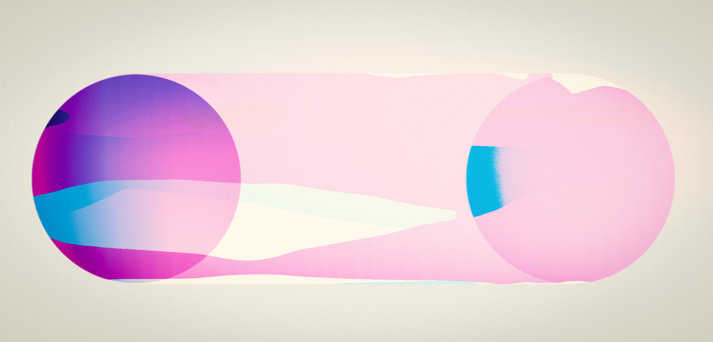 A pale optical field connecting overlapping magenta, violet and cyan circular forms