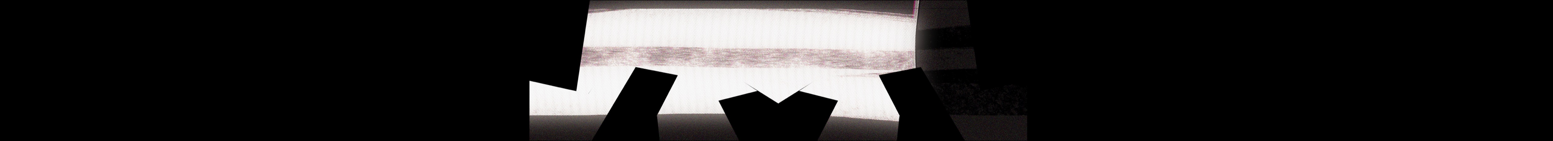 Black and white opening structure interrupted by luminous geometric fragments across a panoramic field