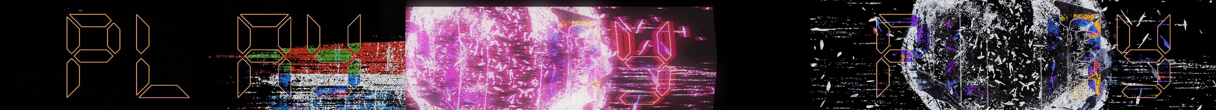 Digital Play typography interrupted by vivid magenta and blue material textures