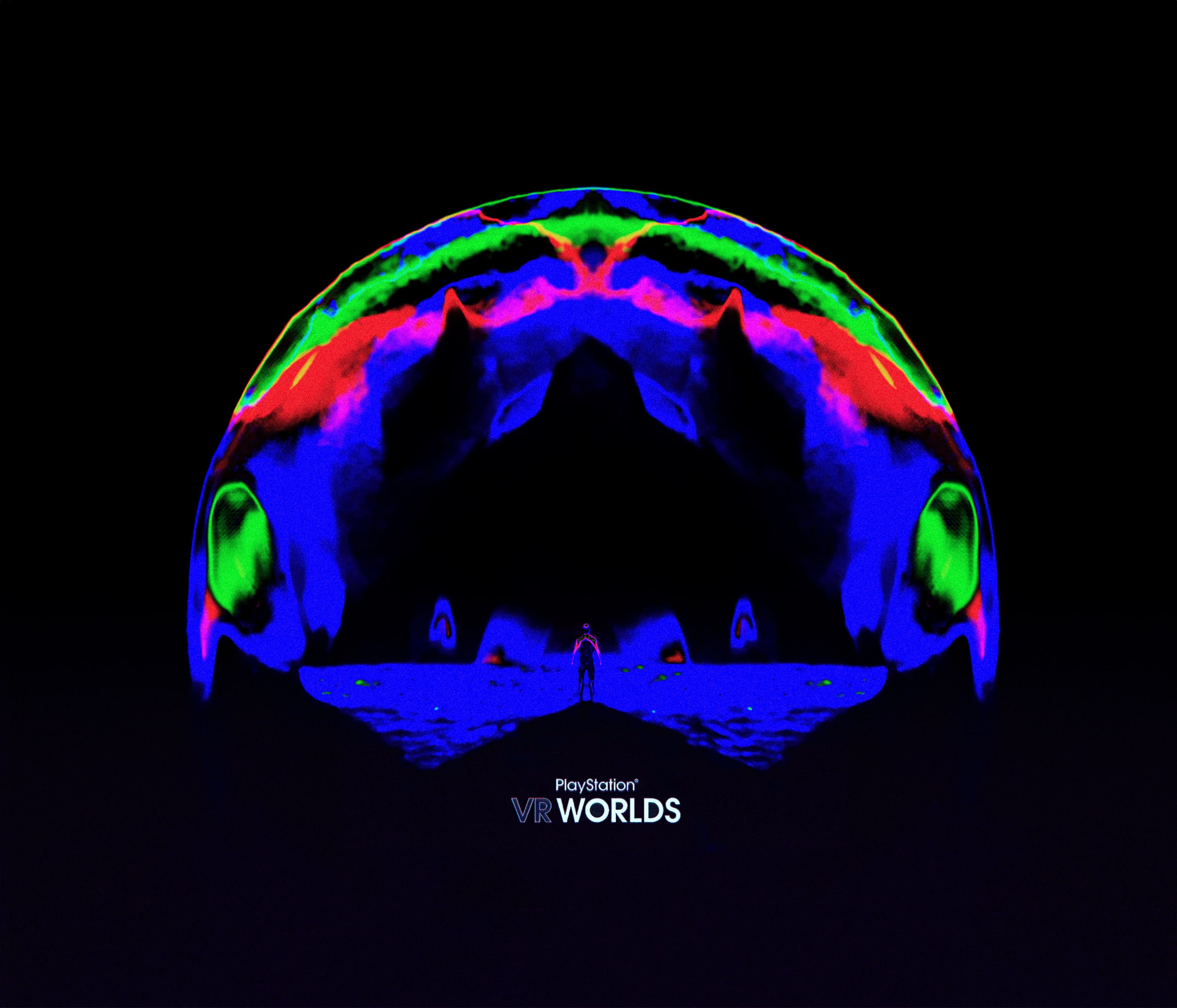 A solitary figure beneath a tall psychedelic PlayStation VR Worlds threshold