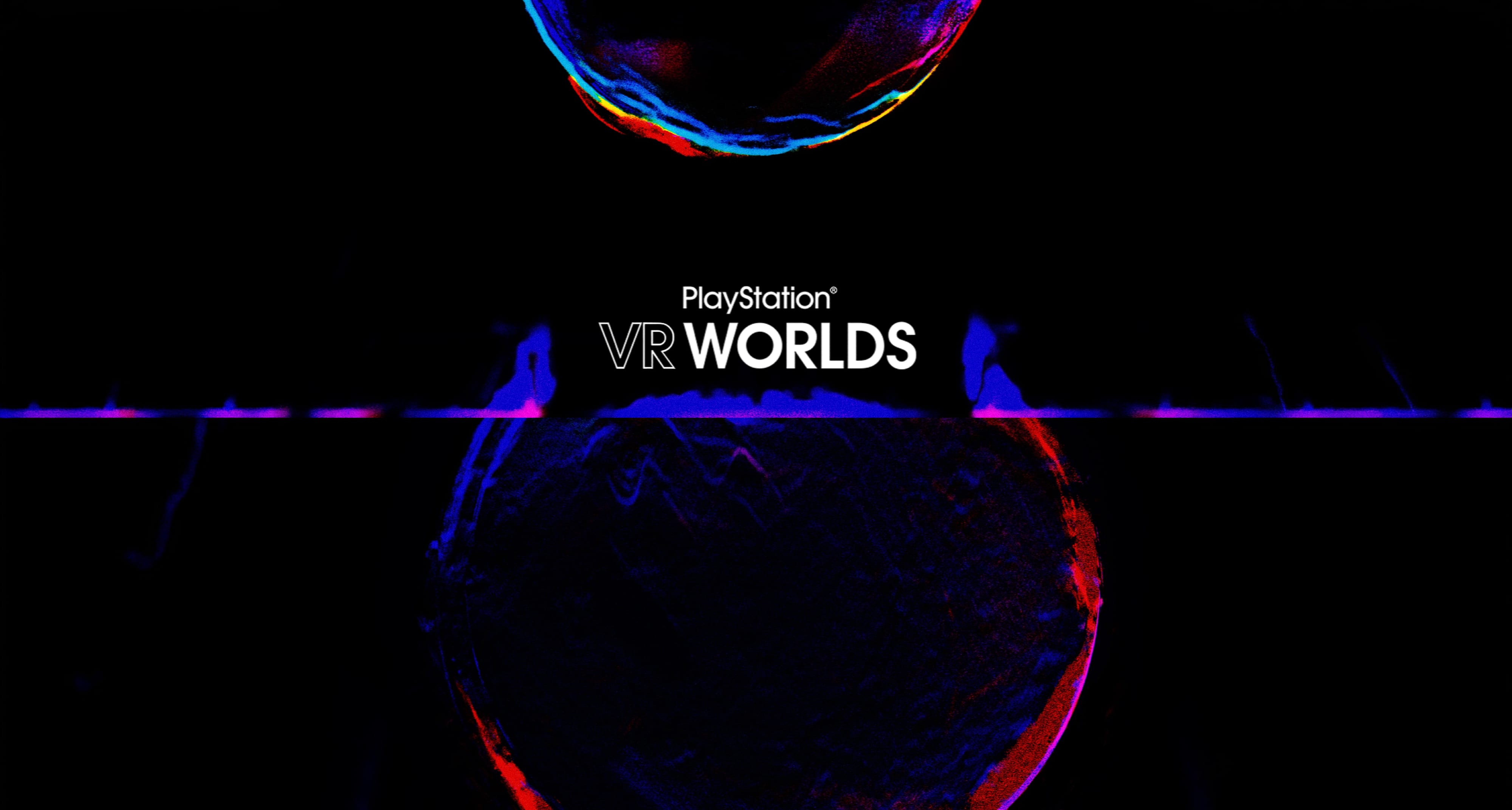 PlayStation VR Worlds title suspended between mirrored red, blue and chromatic portal forms