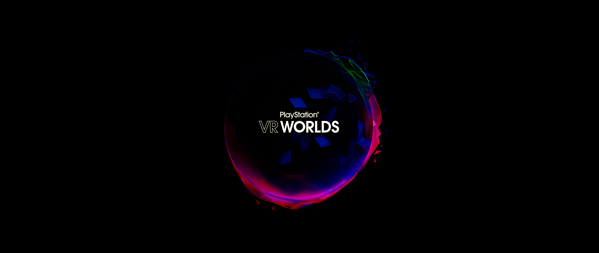 PlayStation VR Worlds title centred within a luminous blue, magenta and green portal on black