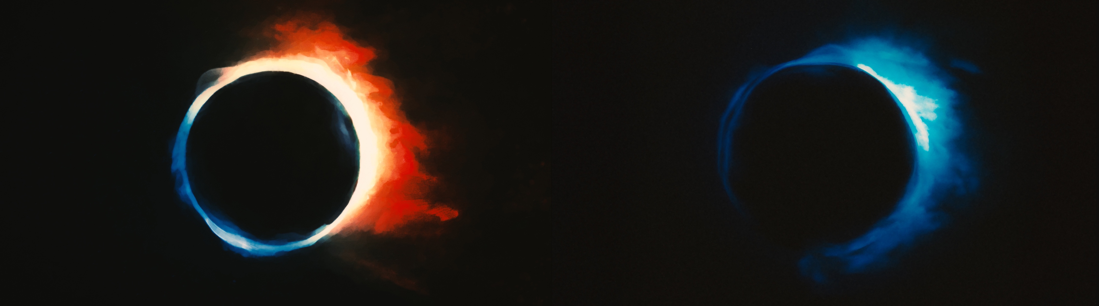 Red, white and blue portal states facing one another across a deep black field
