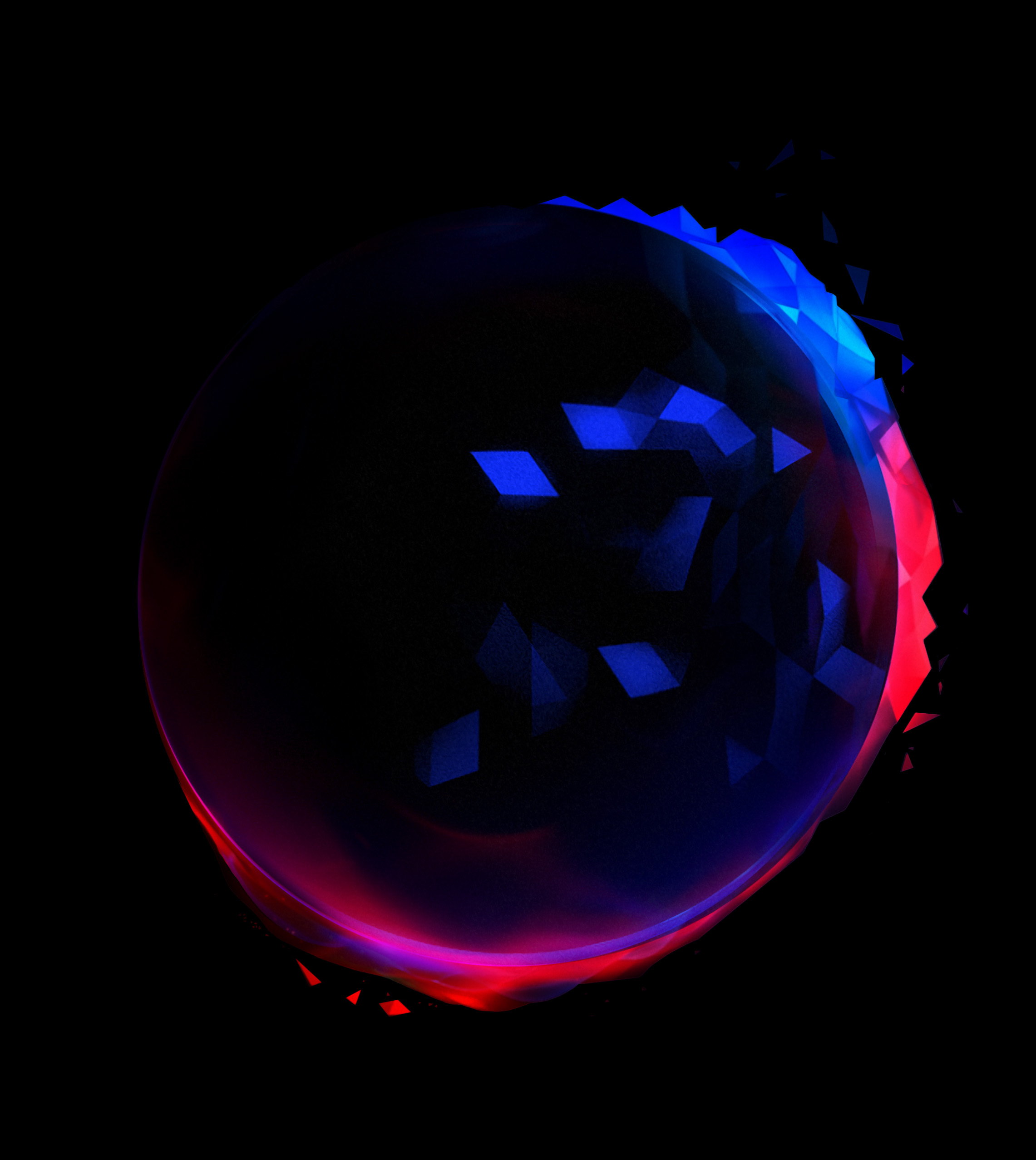 Faceted blue and magenta portal volume dissolving into geometric fragments