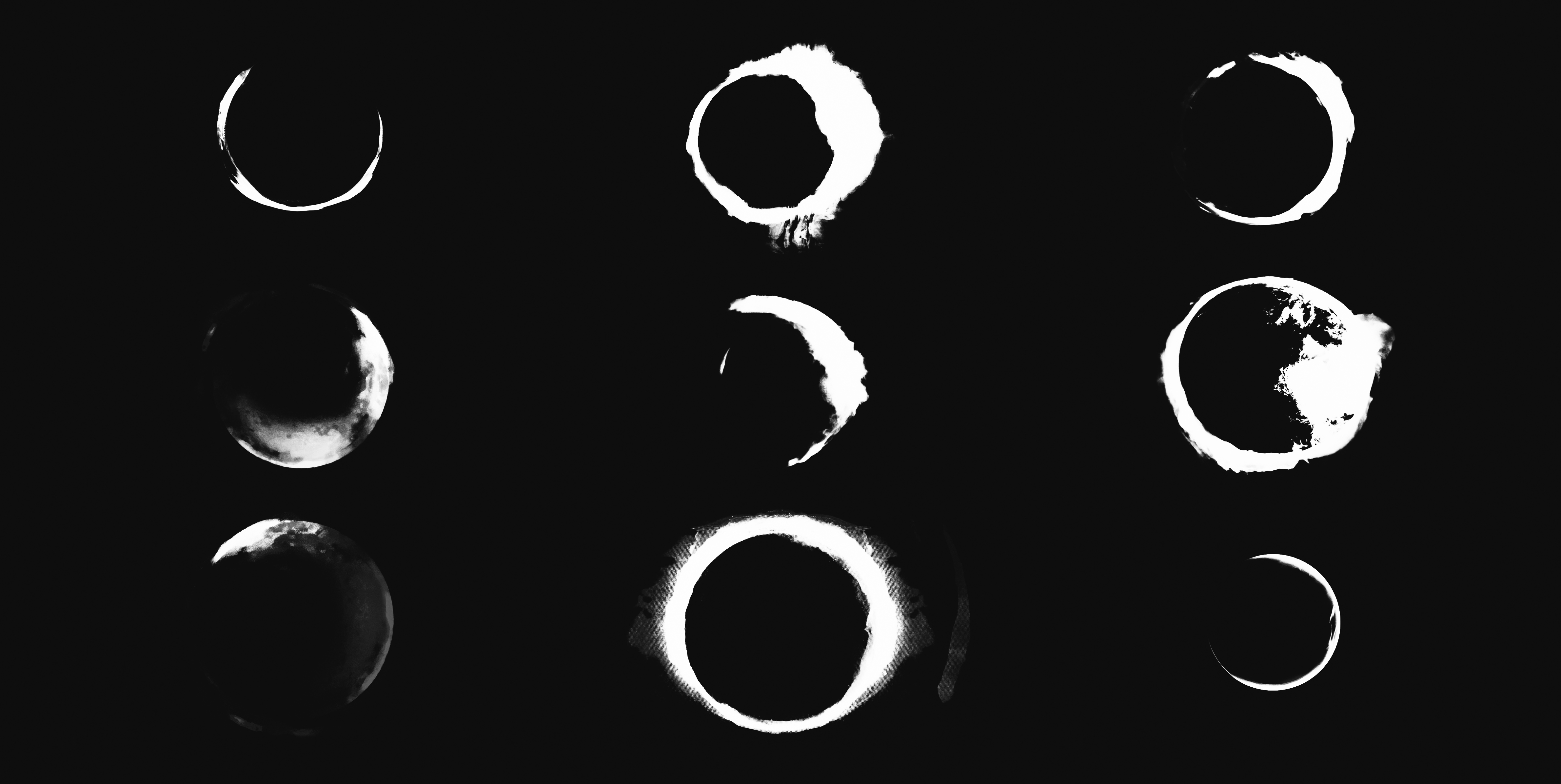 Nine monochrome portal-form studies arranged as a dense black-and-white exploration board