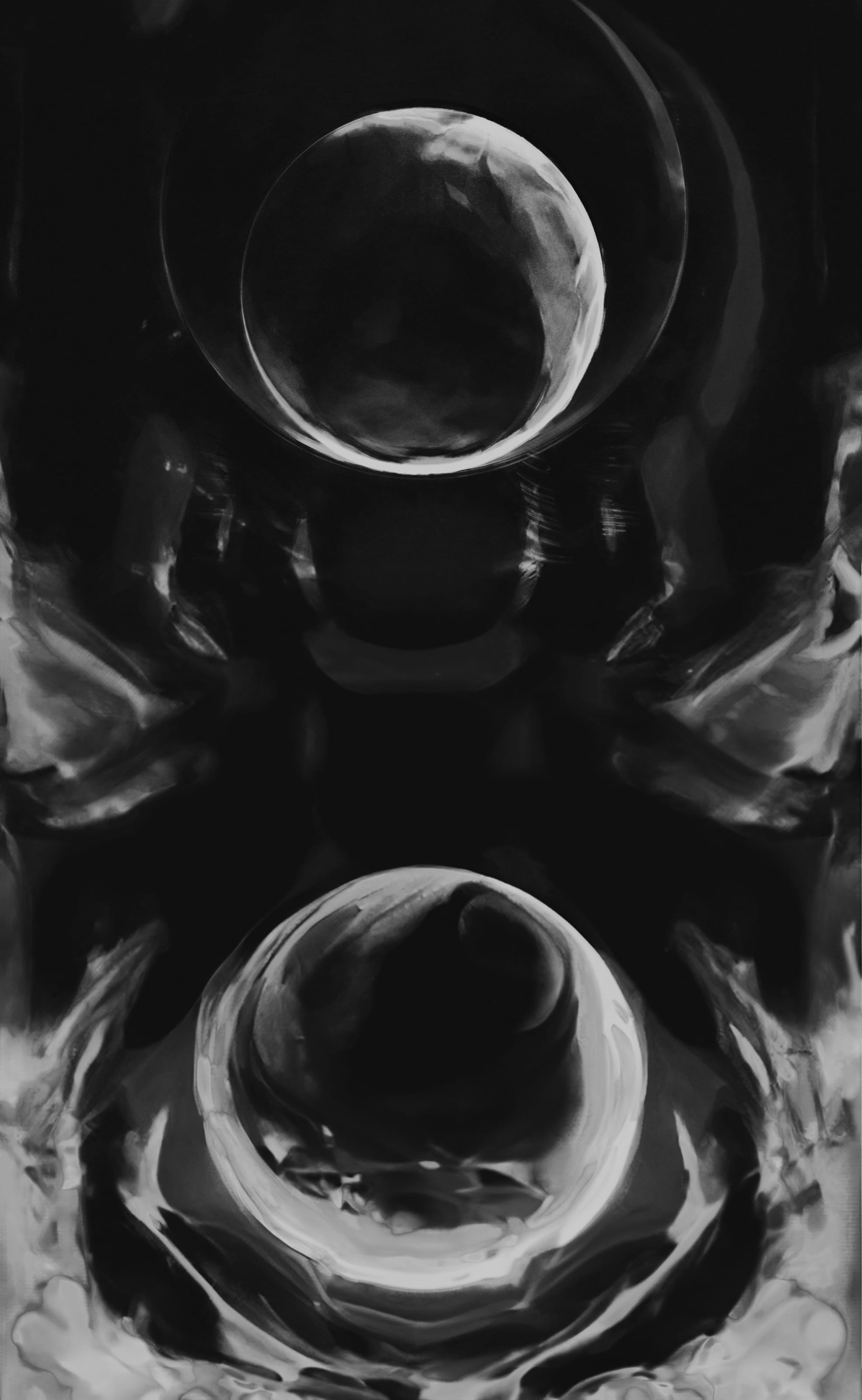 Vertical monochrome study of mirrored liquid portal forms