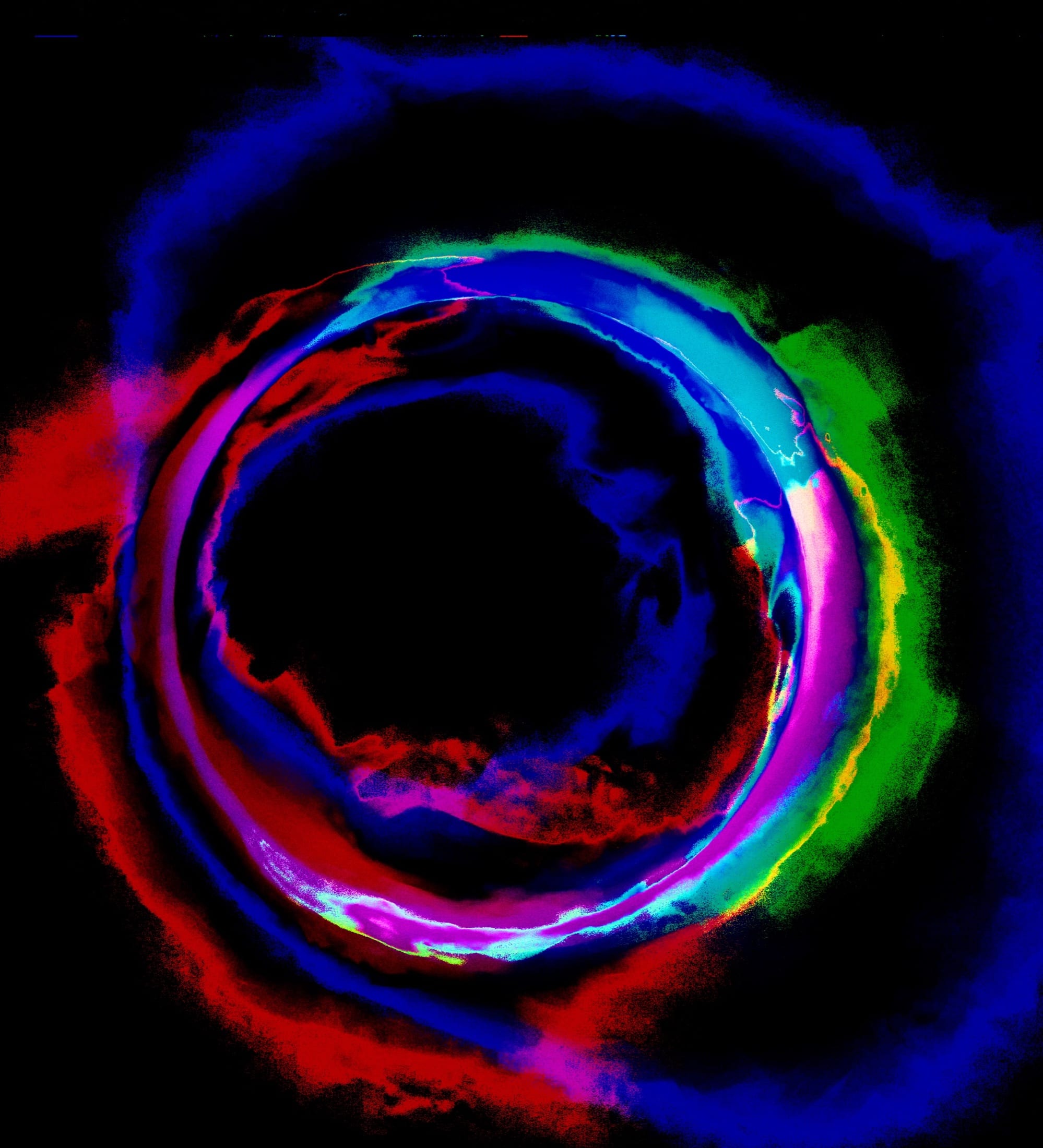 A close chromatic portal study with saturated red, blue, cyan and green material bands