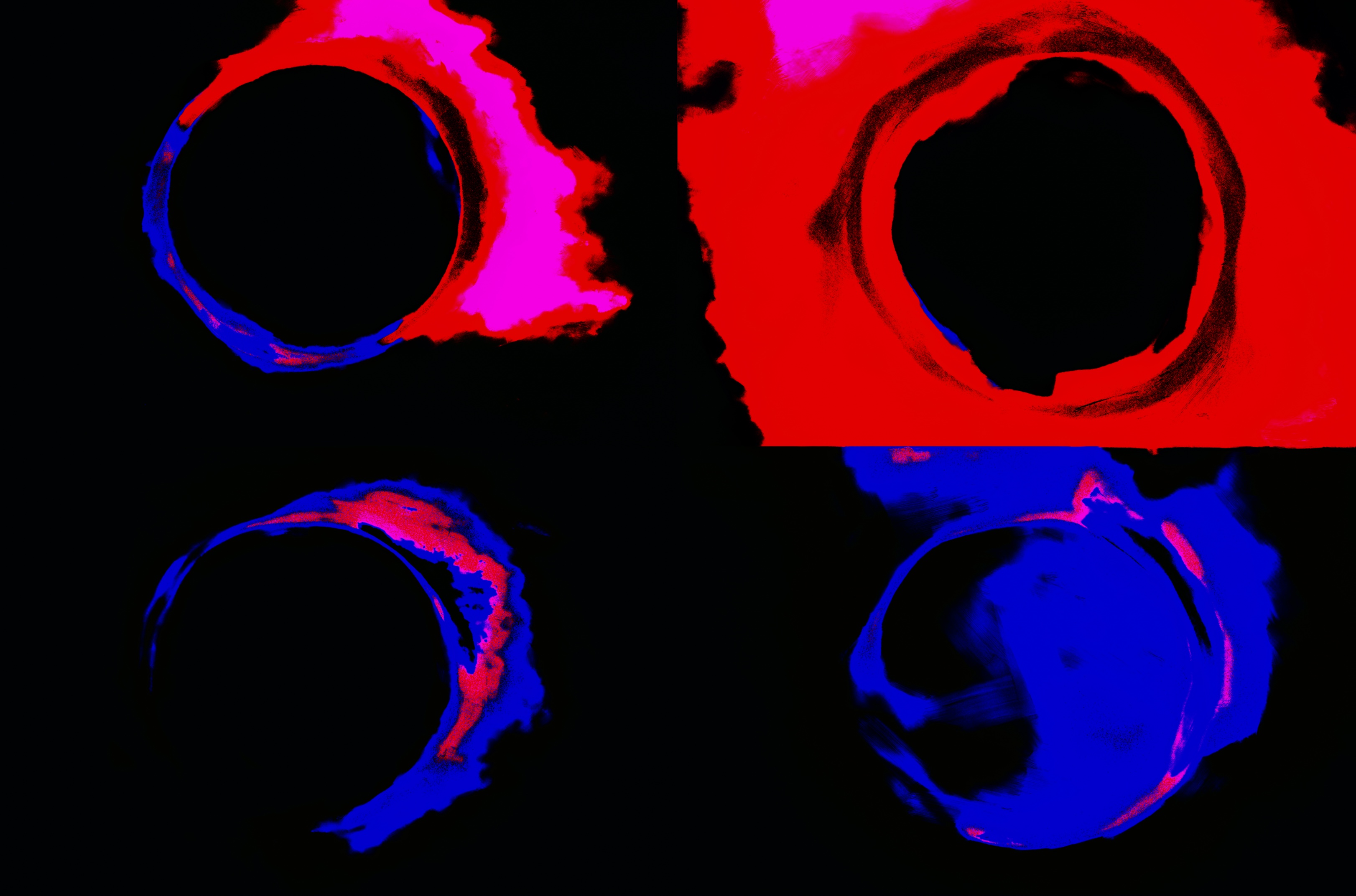 Four high-contrast red, magenta and blue portal studies arranged as a graphic field