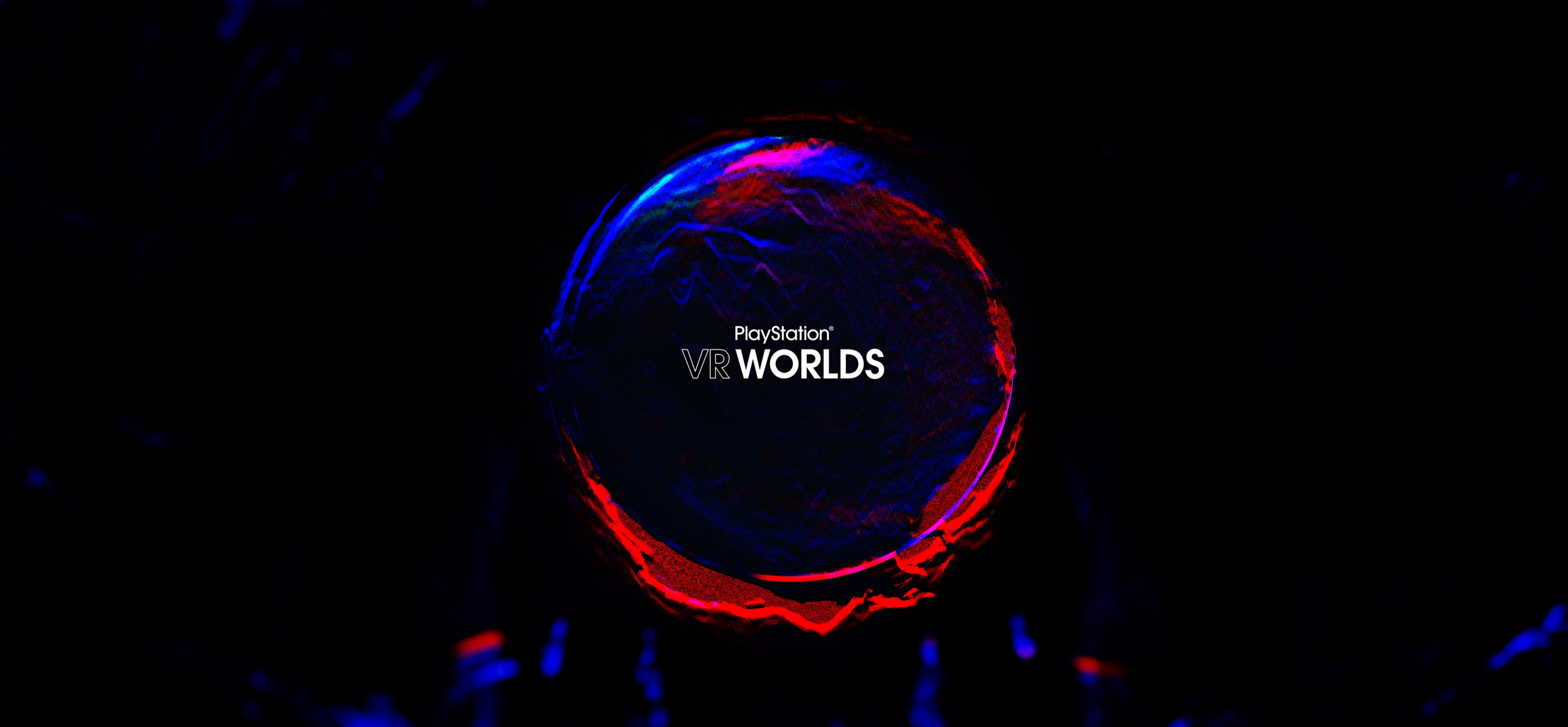 PlayStation VR Worlds title centred within a deep red and blue circular field